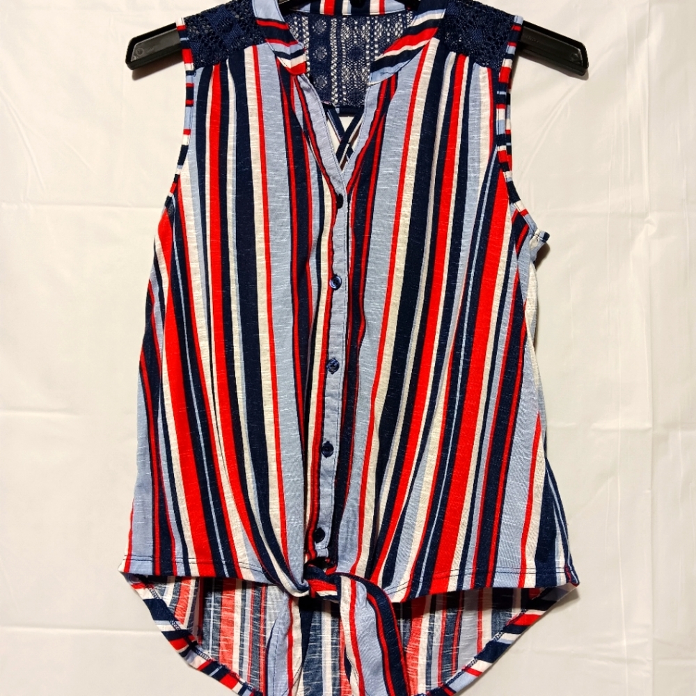 Adorable EUC Junior's Sleeveless Blouse, Tie Front, Hi Low, Red White & Blue,Med
